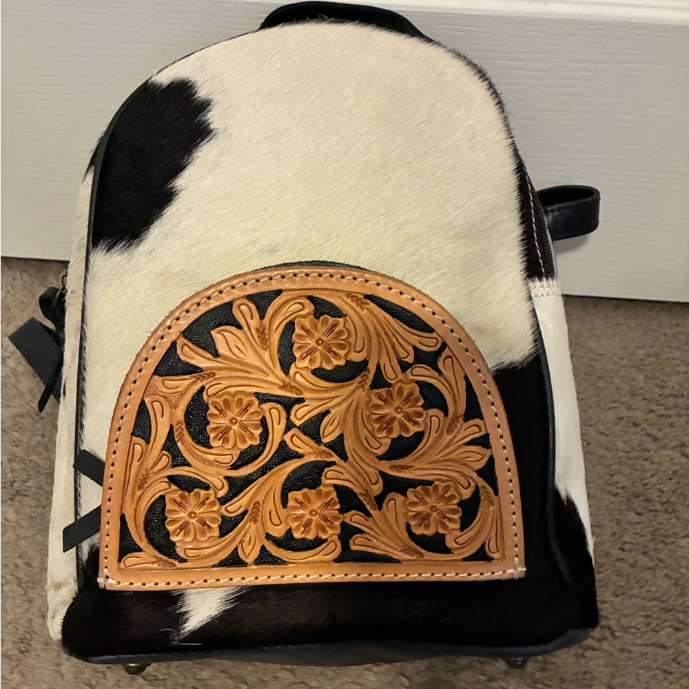 Cowhide Backpack with Floral Leather Accent